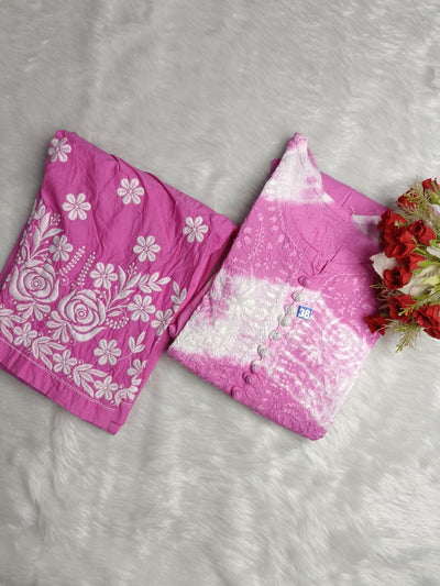 House of Oudh Hand Embroidered Lucknowi Chikankari Dobi Cotton pink Colour Dyeable Ghas Patti Design Kurti Set