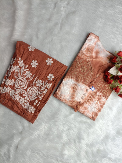 House of Oudh Hand Embroidered Lucknowi Chikankari Dobi Cotton Chocolaty Colour Dyeable Ghas Patti Design Kurti Set