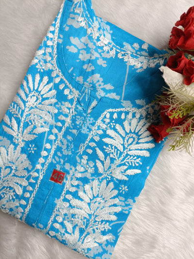 House of Oudh Hand Embroidered Lucknowi Chikankari Malmal Blue Ghas Patti Designe Kurti