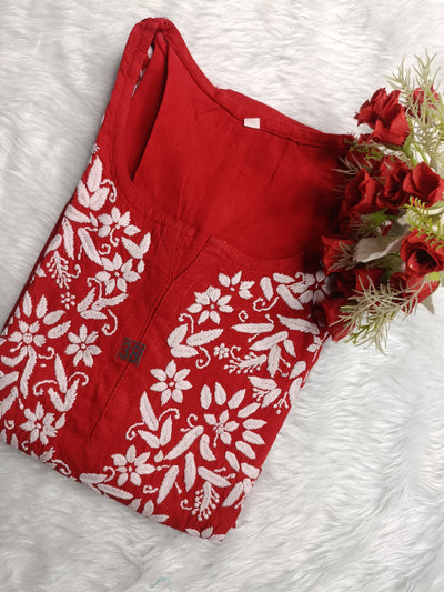 House of Oudh Hand Embroidered Lucknowi Chikankari Reyon Colour Red Kurti