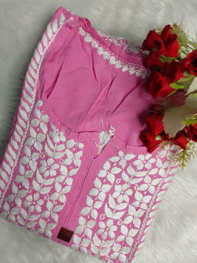 House of Oudh Hand Embroidered Lucknowi Chikankari Tuba Modal Full Buta Colour Pink Heavy Booty Design Kurti