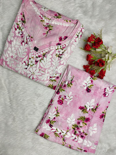 House of Oudh Hand Embroidered Lucknowi Chikankari Malmal Cotton Colour Pink Printed Premium Buta Designe Kurti & Plazzo Set