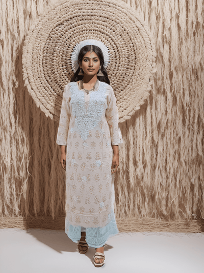 House of Oudh Hand Embroidered Lucknowi Chikankari Reyon Colour Baby Peach Mix Printed Kurti