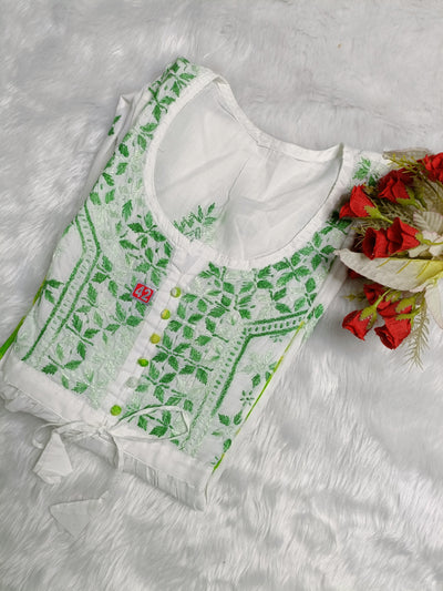 House of Oudh Hand Embroidered Lucknowi Chikankari White Cotton Kareena Green Printed Gown