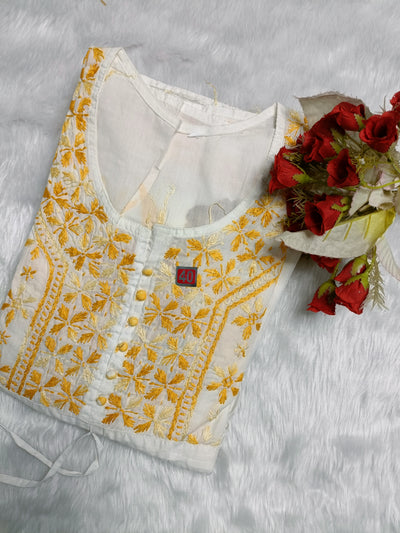 House of Oudh Hand Embroidered Lucknowi Chikankari White Cotton Kareena Yellow Printed Gown