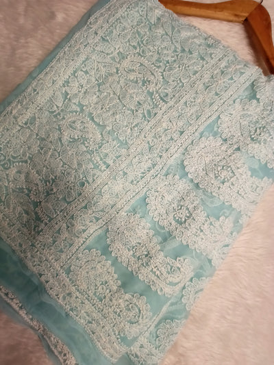 House of Oudh Hand Embroidered Lucknowi Chikankari Skin Friendly Heavy Booties Semi Pattern Georgette Light Green Colour Full jaal Saree - houseofoudh.in