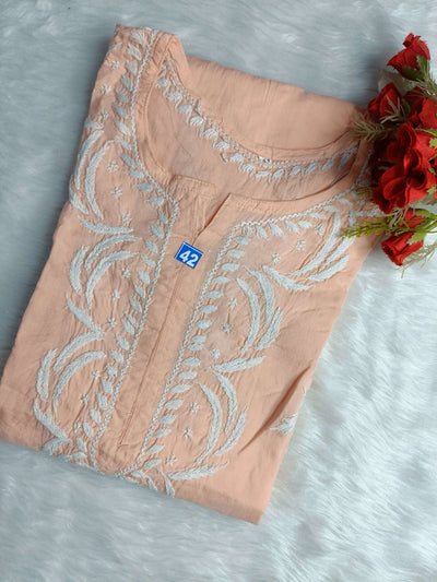 House of Oudh Hand Embroidered Lucknowi Chikankar Mouny Roy Modal Light Peach Kurti