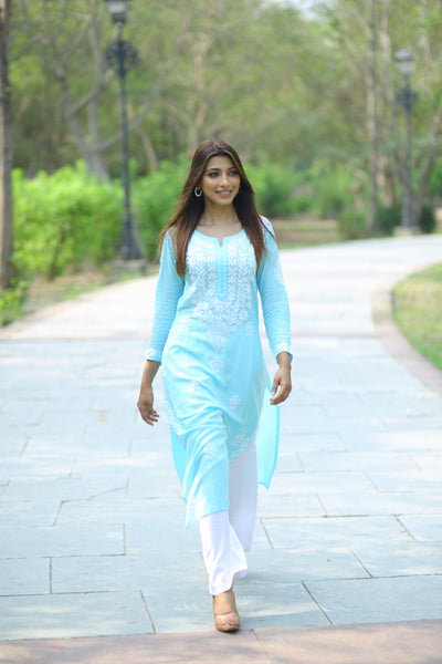House of Oudh Hand Embroidered  Lucknowi Chikankari Modal Sky Blue Kurti - houseofoudh.in